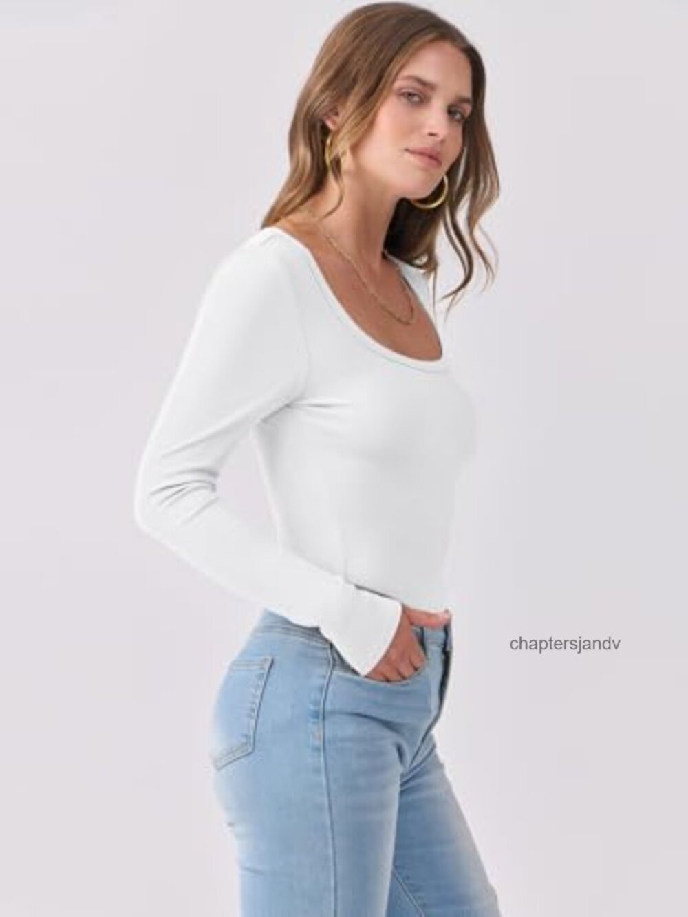 Women's Long Sleeve Scoop Neck Ribbed Knit Top Skinny Fit Casual Tee - Picture 2 of 6